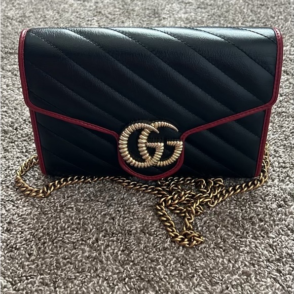 Gucci Black Leather Clutch with Gold Chain and Red Trim - Picture 1 of 5